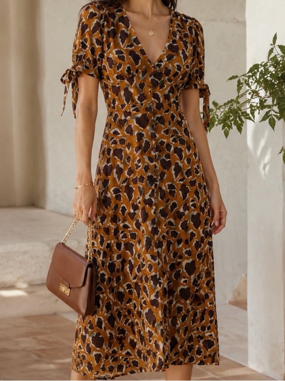 J.O.A. Tan & Brown Abstract Animal Print Tie Sleeve Midi Dress | Size Small